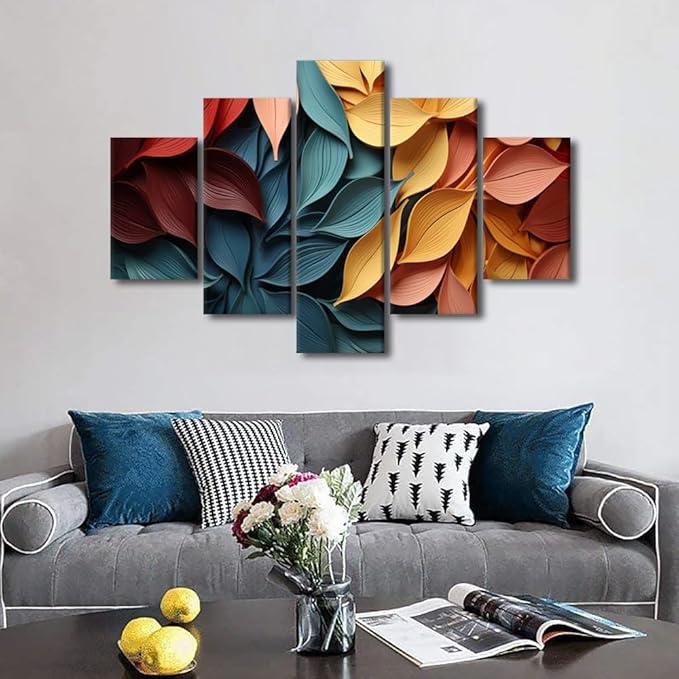 Canvas Wall Art for Lady Modern Living Room Decor 5 Panel Abstract Wall Art Colorful Autumn Leaves Poster Prints on Canvas for Men Office Bedroom Decor Stretched and Framed Ready to Hang 60x40 in