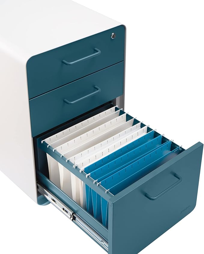 Poppin Stow 3-Drawer Rolling File Cabinet - White & Slate Blue. Utility & Hanging File Drawers. Locking & Non-Locking Wheels. Powder-Coated Steel. Two Keys Included