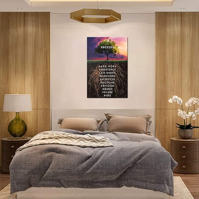 Success Tree Wall Art Inspirational Painting Canvas Inspiring Entrepreneur Quotes Picture Poster Printing Artwork Office Decoration Living Room Gym Decoration Frame Ready to Hang[24''W x 36''H]