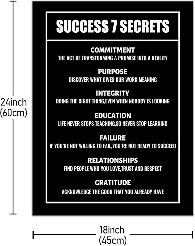 PSYYSP Success 7 Secrets Motivational Wall Art Printed Pictures Canvas Inspirational Entrepreneur Quotes Poster Home Decor Painting Frame for Living Room Gym Office Ready to Hang [18''Wx24''H]