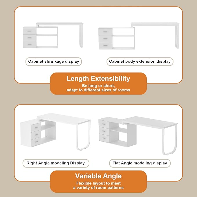 FUFU&GAGA 55.1" Large L-Shaped Office Desk with 39" File Cabinet, Corner Computer Desk with 3 Drawers & 2 Shelves, Workstation Executive Desk with Storage Shelf for Home Office (White)