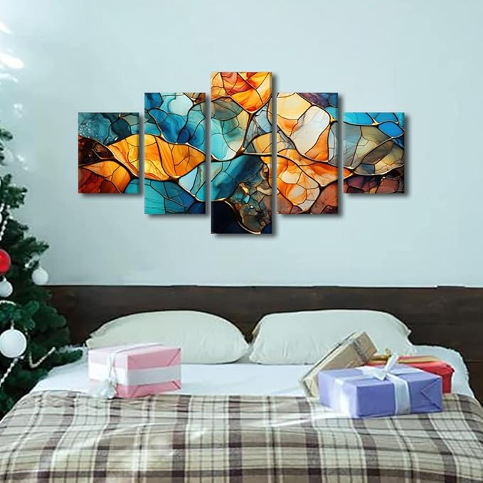 Rebotipy Abstract Canvas Wall Art Decor Modern Living Room Wall Art 5 Panel Home Canvas Art Blue Yellow Brown Glass Window Poster Printing for Men Living Room Decor Stretched Ready to Hang 60x32 in