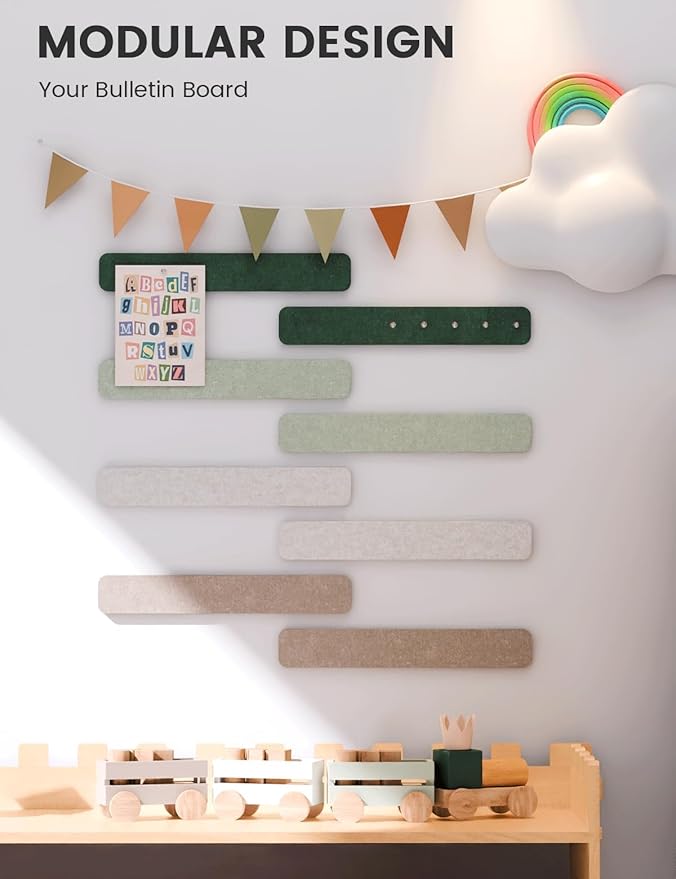 Cork Board Alternative Felt Strip Board 8-Pack 13"x2", Office Pin Board with 50 Push Pins, Adhesive Install for Bedroom Door & Home Office(Nordic Moss)
