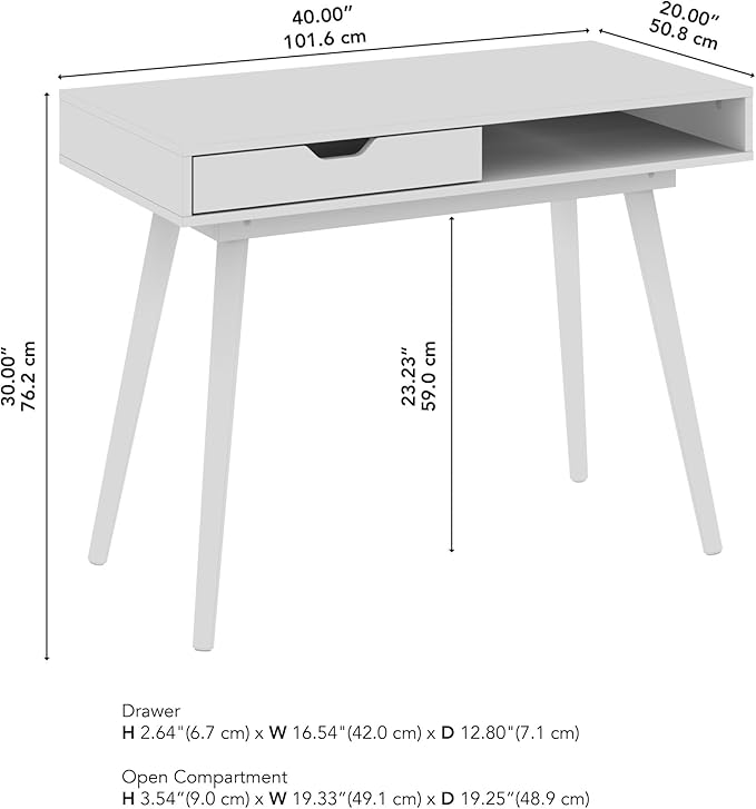 Nora 40W Writing Desk in Pure White | Compact Writing Table with Storage, Workstation for Home Office or Study Room