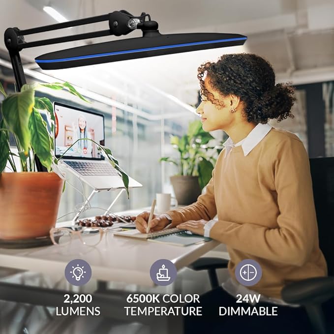 Neatfi XL 24W LED Desk Lamp with Base – 2,200 Lumens | 23” Wide Shade | Dimmable Eye-Caring Task Light | Adjustable Arm | Office, Study, Crafting & Nail Techs (Black, Non-CCT with Base)