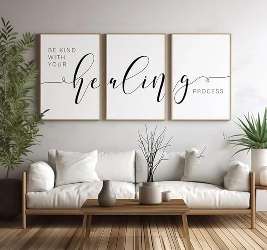 Home Decor Wall Art 3 Pieces Be Kind With Your Healing Process Poster Prints Canvas Painting Framed Artwork for Bedroom Hospital Decoration with Inner Frame