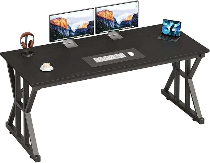TVU Computer Desk, 55 inch Large Office Desk, Study Writing Table with Thicken Frame, Gaming Desk, Modern Simple Desk for Home Office, Black