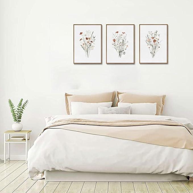 KISSFOX Framed Wildflower Wall Art Floral Canvas Wall Art Flower Pictures Wall Decor Watercolor Daisy Botanical Paintings Set of 3 for Bedroom Bathroom Living Room