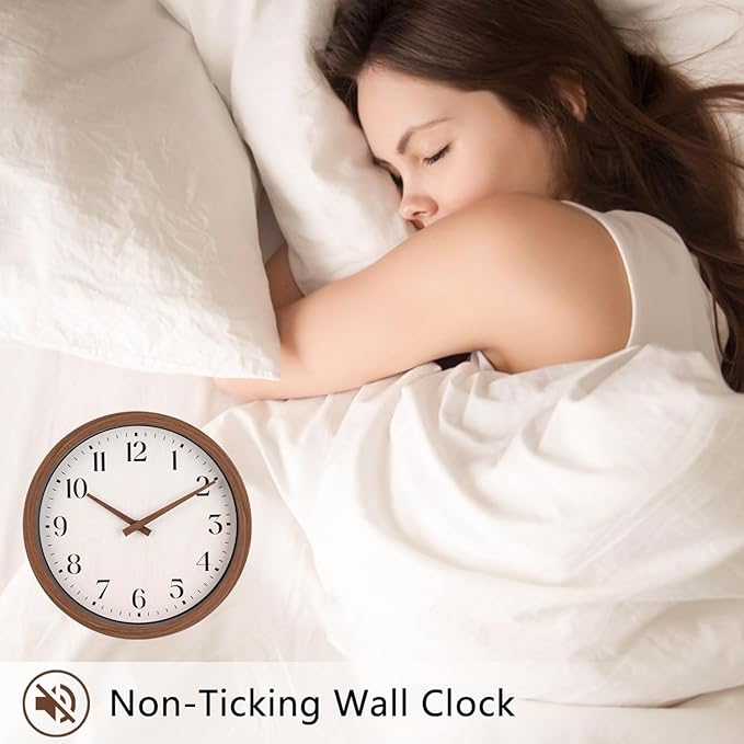 Topkey 12 Inch Silent Wall Clock with Wooden Hour and Minute Hands - Round Wood-Like Frame & White Dial for Home Office Kitchen Decor - Wooden Brown