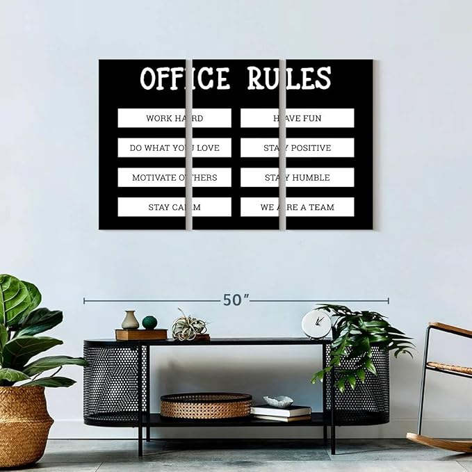 Elephant Stock - Office Rules Wall Art - Horizontal Multi Panel Canvas - 3 Piece Home Office Wall Decor - Digital Art Motivational Typography Multi Piece Wall Art - Black And White Decor by Cad Designs - 45" x 28"