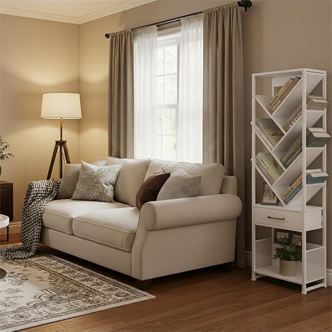 Bookshelf with Drawer,10 Tier Tree Bookcase Retro Floor Standing Bookshelves,Tall Wood Bookcases with Cabinet Storage Organizer for Living Room, Bedroom & Home Office, White