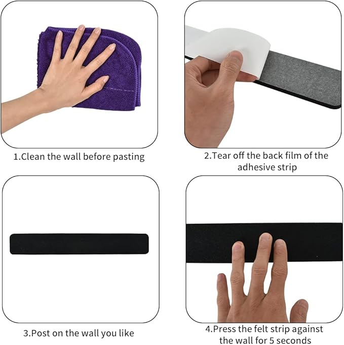 Vuzvuv 8 pcs Bulletin Board Bar Strips with 50 Pushpins & 10 Wooden Clip pins，Self Adhesive Cork Board for Wall，Felt Pin Board for School，Office Decor(Colour)