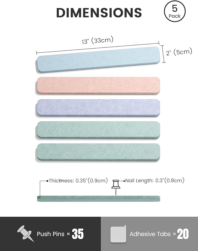 Fluxynara Cork Board Alternative Felt Strip Board 5-Pack 13"x2", Office Pin Board with 35 Push Pins, Adhesive Install for Bedroom Door & Home Office(Coastal Haze)