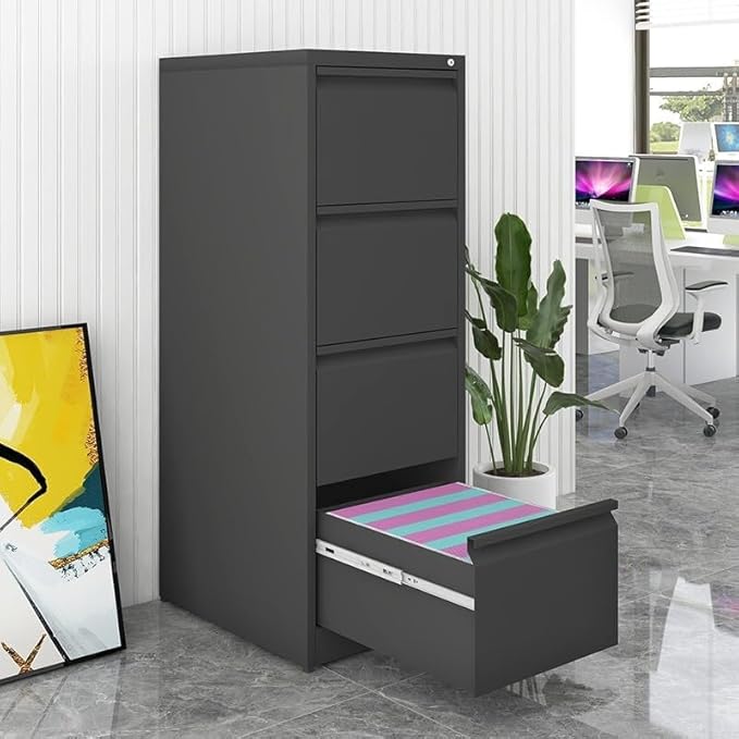 4 Drawer File Cabinet, Heavy Duty Vertical Filing Cabinets with Lock, Metal Steel Storage Cabinet for Office and Home, Assembly Required, Black