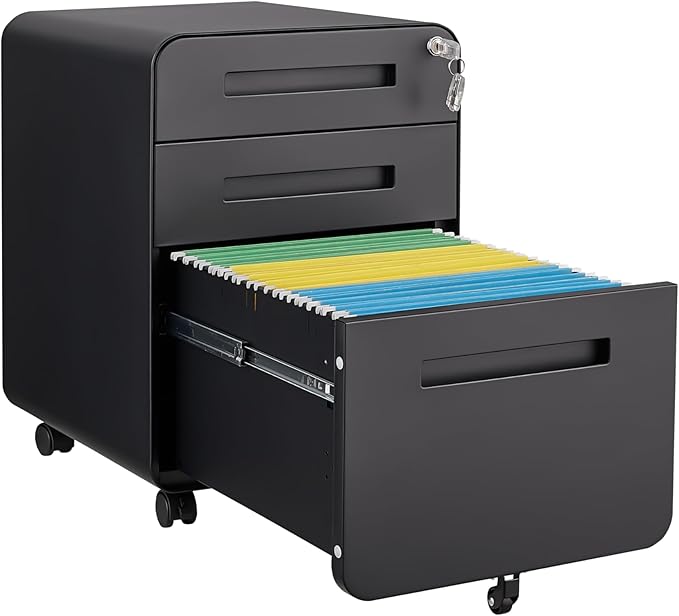 3 Drawer Mobile File Cabinet with Lock, Under Desk Metal Filing Cabinet for Home Office, Assembled Removable Under Desk Storage with Wheels for A4-Size/Letter-Size/Legal-Size (Black)