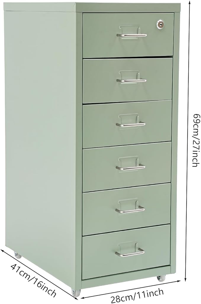 6 Tiers Vertical File Cabinet, Metal File Cabinet with Lock & Wheels for Files, Documents, Freestanding Filing Cabinet for Office Home, Multiple Colors Available (Green)