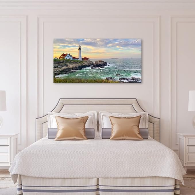 tigeridge Sunset Lighthouse Canvas Wall Art for Living Room Wall Decor Sunset Seascape Pictures Ocean Prints Nature Artwork Office Home Wall Decorations Framed Ready to Hang 24" x 48"