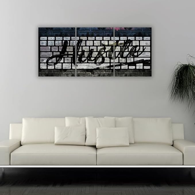 Inspirational Hustle Wall Art Motivational Office Painting Pictures Prints 3 Pieces Office Decor and Framed Artwork for Living Room Hotel Wall Decor - 72''W x 36''H