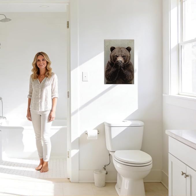 YOUHONG Funny Bear Bathroom Decor with Wooden Frame, Lightweight Bathroom Bear Holding Nose Wall Art Humor Animals Painting for Restroom Toilet,Funny Animals Posters Ready to Hang 16x24 Inches