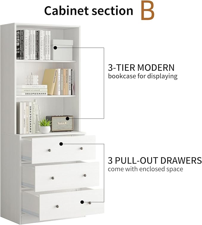 TUSY 71" H Bookshelf with Storage, 6-Tier Modern Bookshelves with 3 Large Drawer, Display Bookcase with Glass Doors, Modern 5-Tier Curio Cabinet for Home Office, Dining Room (White, ABBA)