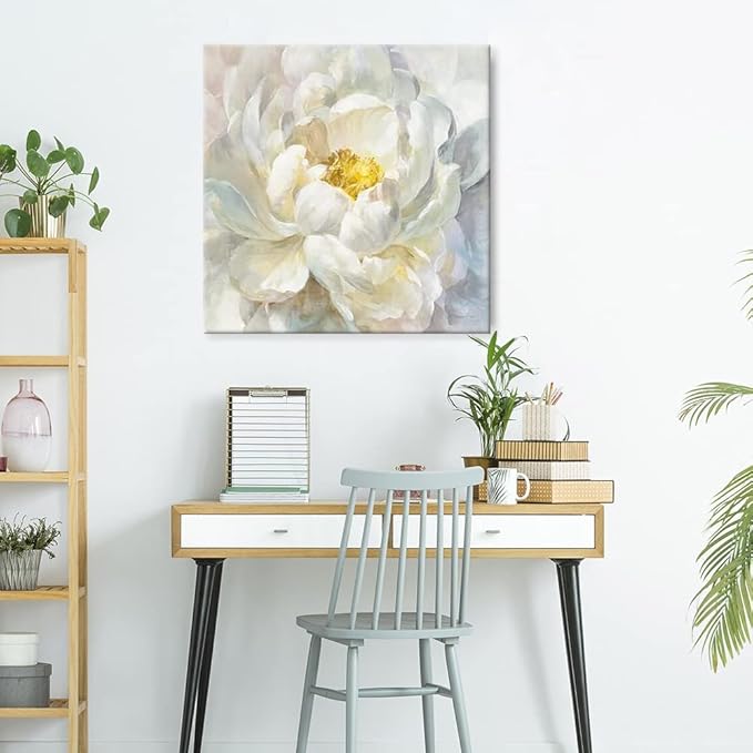 SEVEN WALL ARTS Peony Flower Canvas Wall Art Modern Yellowish Floral Picture Poster Print Abstract White Blossom Artwork for Bedroom Bathroom Kitchen Dining Room Home Decor 24"x24"