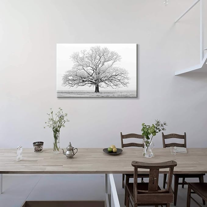 Winter Tree Canvas Wall Art: Black and White Landscape Painting Print Artwork for Living Rooms