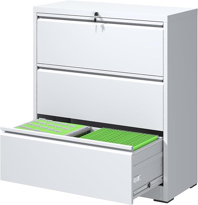 File Cabinets 3 Drawer,Metal Office Storage Filing Cabinet with Lock,White Lateral Filing Cabinet for Home Office,Horizontal Locking File Cabinets for Legal/Letter/A4 Files,Assembly Require