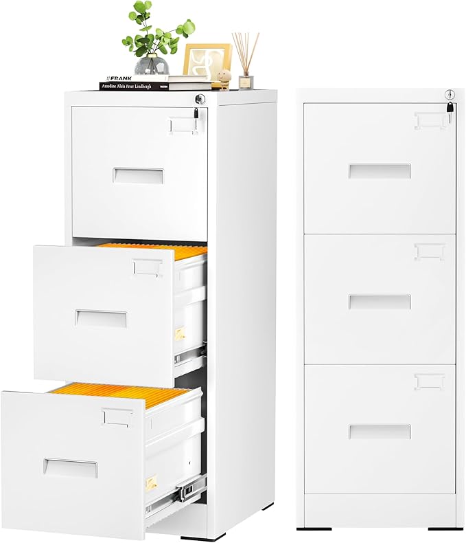 Oakcloud 3 Draw File Cabinet for Home Office, Filing Cabinet with Lock, Metal Vertical File Storage Cabinet for A4/F4/Letter/Legal Size, Easy Assemble (15“-White)