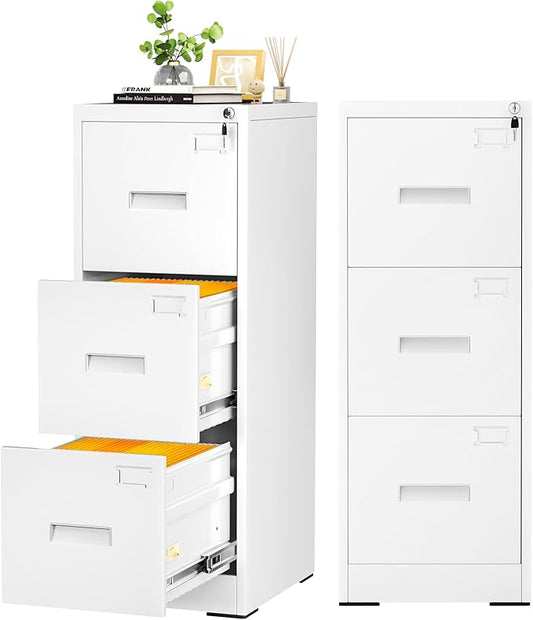Oakcloud 3 Draw File Cabinet for Home Office, Filing Cabinet with Lock, Metal Vertical File Storage Cabinet for A4/F4/Letter/Legal Size, Easy Assemble (15“-White)