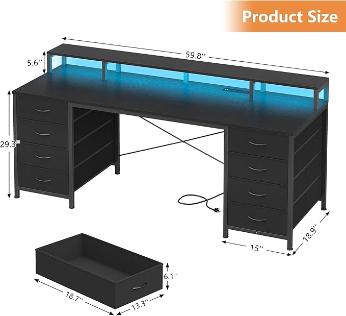 60 Inch Computer Desk with 8 Drawers, Gaming Desk with LED Lights & Power Outlets, Home Office Desk with Monitor Stand, Black