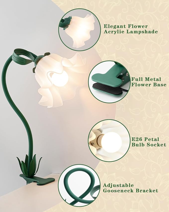 Green Clip on Light, 3 Color Modes Eye-Caring Flower Desk Lamp with Clamp, Dorm Room Essentials, Flexible Neck Reading Clamp Lamps for College Bedside Bookshelf Studying Room (Dark Green)