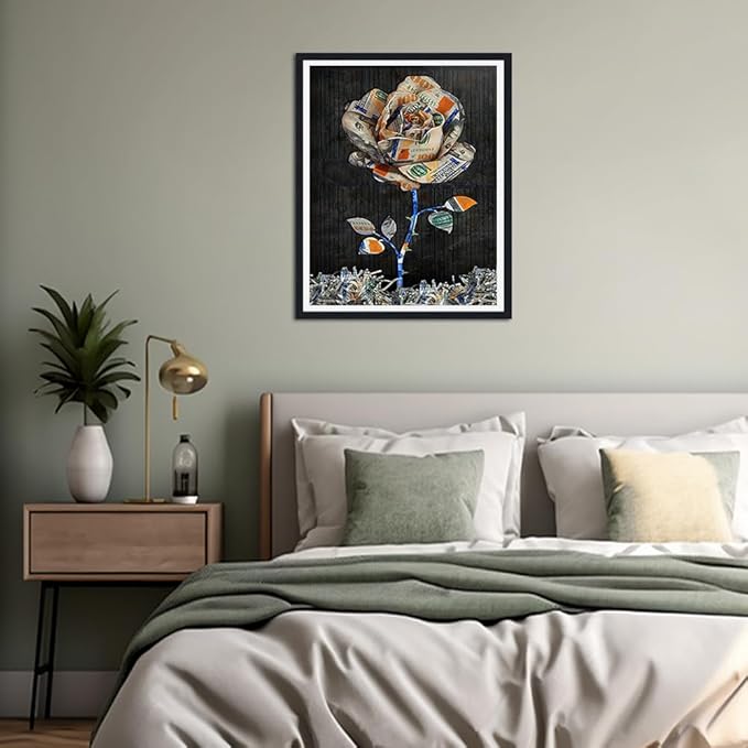 Money Framed Canvas Print Wall Art, Financial Success Motivational Office Decor, Dollar Rose Poster Ready to Hang, Modern Wall Picture for Living Room, 12.5x16.5 Inches