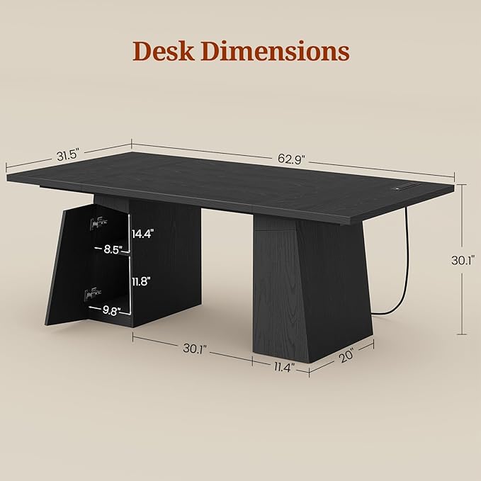 63 in Executive Desk with Power Outlets, Modern Home Office Desk with Storage Cabinet, Wood Computer Desk Business Workstation Desk Conference Table Black