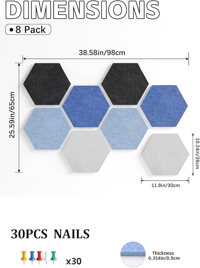 8 Pack Hexagon Felt Bulletin Board Tiles - 11.8" Large Thick Pin Board for Walls with 30 Push Pins, DIY Boards for Office Home School Decor, Aesthetic Hex Cork Board Alternative