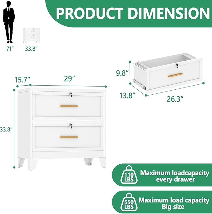 Metal Lateral File Cabinet with Lock,2 Drawer Steel Wide Filing Organization Storage Cabinets,Filing Cabinet for Legal/Letter/A4/F4 Size with Hanging Files&Key,Lockable Cabinet for Home Office,White