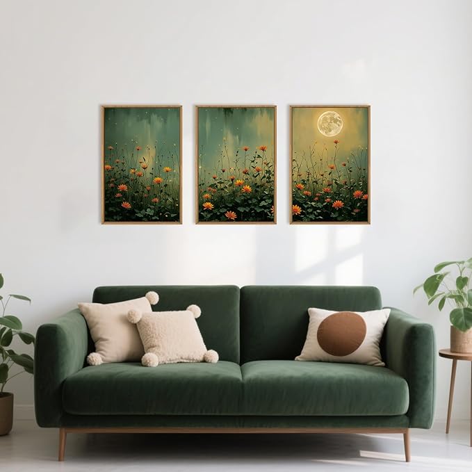 HOURIA Mystical Midnight Wildflower Framed Canvas Wall Art Set,Moonlit Orange Floral Wall Decor,Nature Inspired Landscape Artwork,Watercolor Art Prints for Living Room,Bedroom,Farmhouse-16 x24 x3