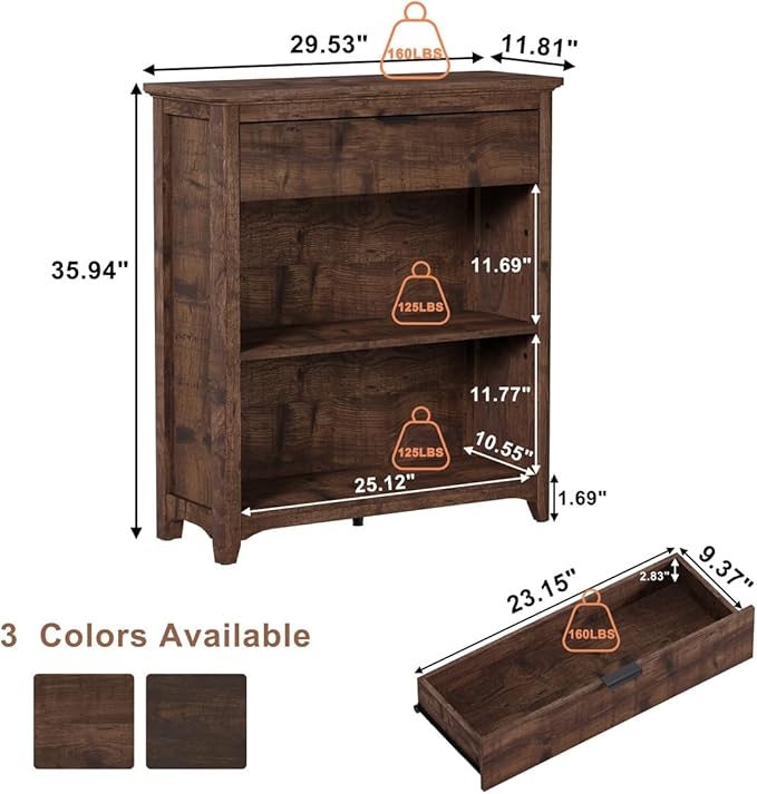 BON AUGURE Rustic Bookshelf Bookcase, Wood Book Shelf with Drawer, 3 Tier Book case for Small Space, Low Book case for Living Room, Home Office, Bedroom (Rustic Oak)