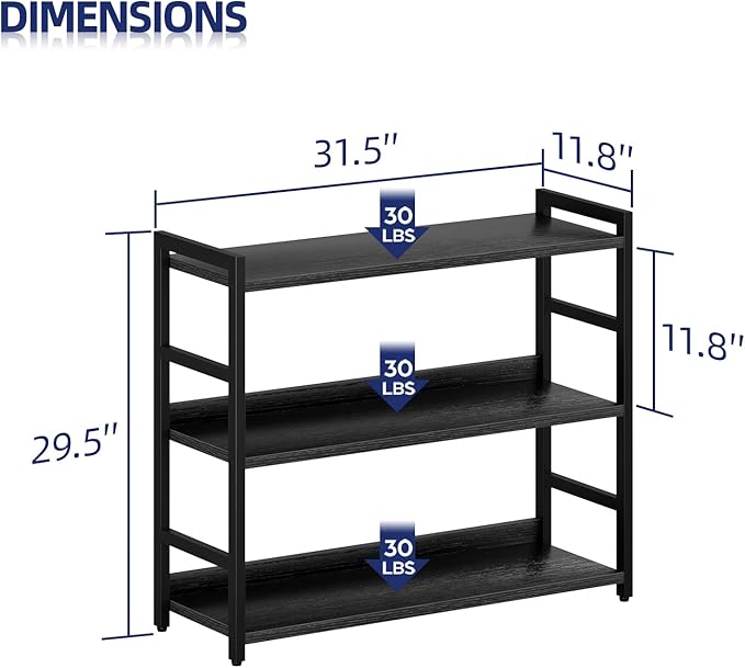 NUMENN Wide Bookshelf, 3 Tier Bookshelves, Home Office Bookcase Shelf Storage Organizer, Free Standing Storage Shelving Unit for Bedroom, Living Room and Home Office, Black