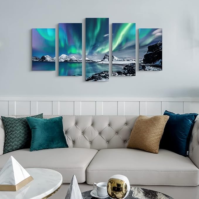 Large Canvas Wall Art Set - Blue Aurora Scenery Paintings for Living Room, Bedroom & Office - Modern Canvas Art Prints Ready to Hang - 5 Piece Set