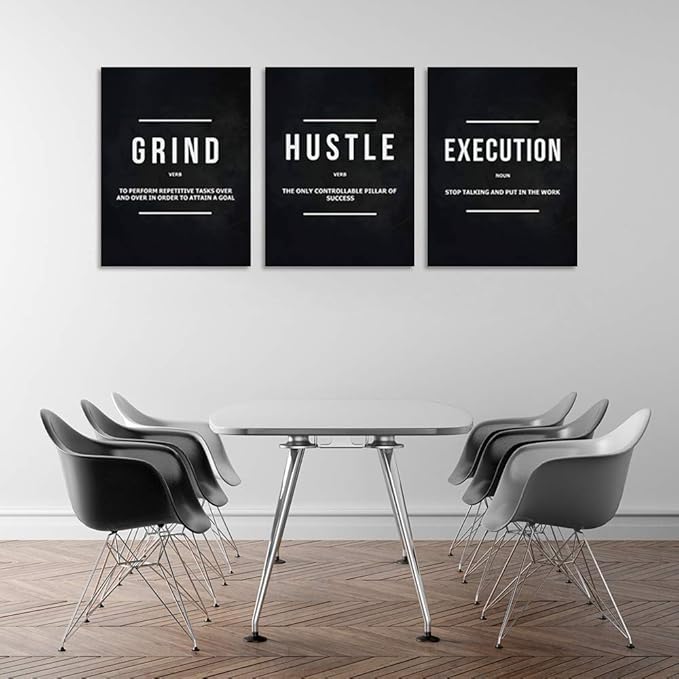 Motivational Hustle Wall Art 3 Panels Inspirational Success Execution Painting Picture Entrepreneur Quote Posters Prints Canvas Wall Decor for Office Living Room Ready to Hang(48”Wx24”H)