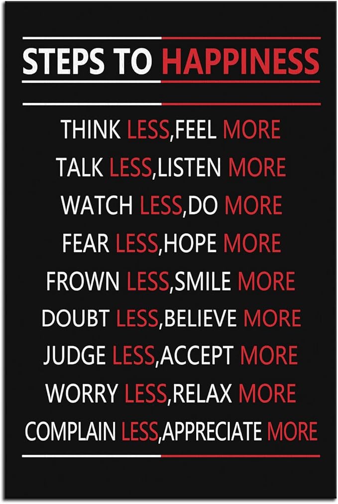 Motivational Steps For Happiness Wall Art for Office Inspiring Positive Poster Inspirational Affirmative Canvas Painting Prints Wall Pictures for Living Room Home Decor Framed Artwork [12''W x 18''H]