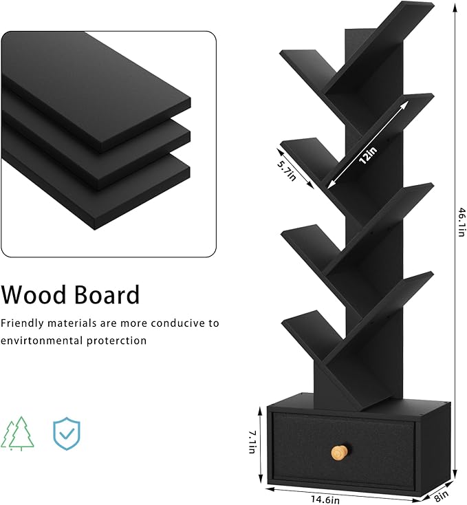 8 Tier Tree Bookshelf with Drawer, Free Standing Wood Bookcase for Living Room, Bedroom, Home Office, Space Saving Storage Organizer Bookshelves for Books, CDs, Vinyl Records- Black