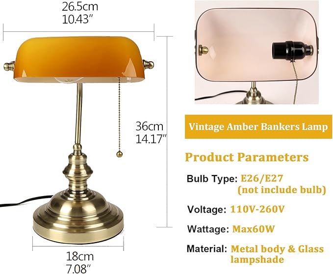 FIRVRE Bankers Desk Lamp with Pull Chain Switch, Amber Glass Shade Desk Lamps, Bronze Base,Vintage Library Lamp for Home Office, Study Room,Piano