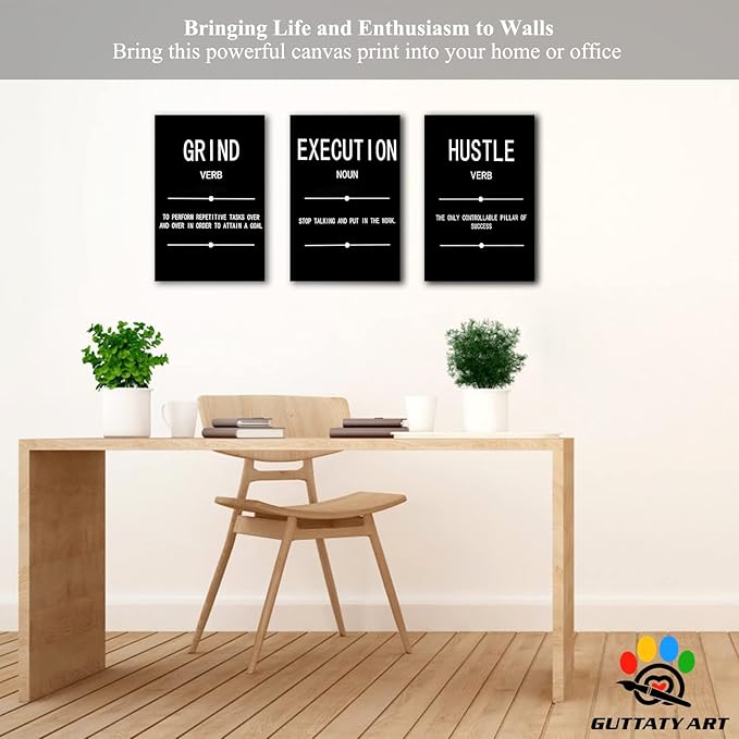 Office Wall Art - 3 Panel Motivational Wall Art, Inspirational Quotes Canvas Art for Home Office Wall Decor, Positive Quotes Wall Decor, Entrepreneur Grind Hustle Execution Poster Frame (12”x18”x3Pcs)
