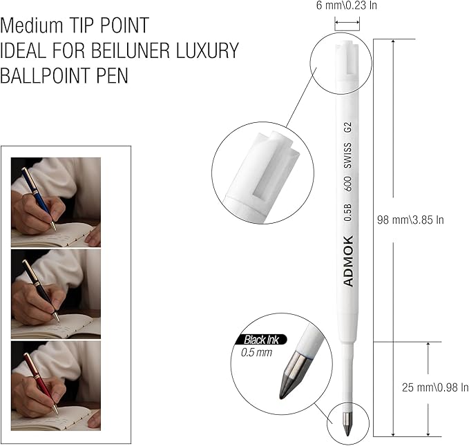 ADMOK 0.5mm Replaceable Standard Pen Gel Refills for BEILUNER Luxury Pens (10pcs)，Smooth and Clean Writing, Compatible with BEILUNER Pen Refill,Pack of 10 (Black Ink)
