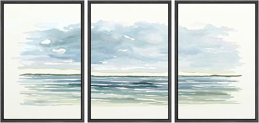 SIGNWIN Framed Canvas Print Wall Art Set Blue Watercolor Ocean Scene Coastal Beach Horizon Illustrations Modern Art Decorative Abstract for Living Room, Bedroom, Office - 16"x24"x3 Black