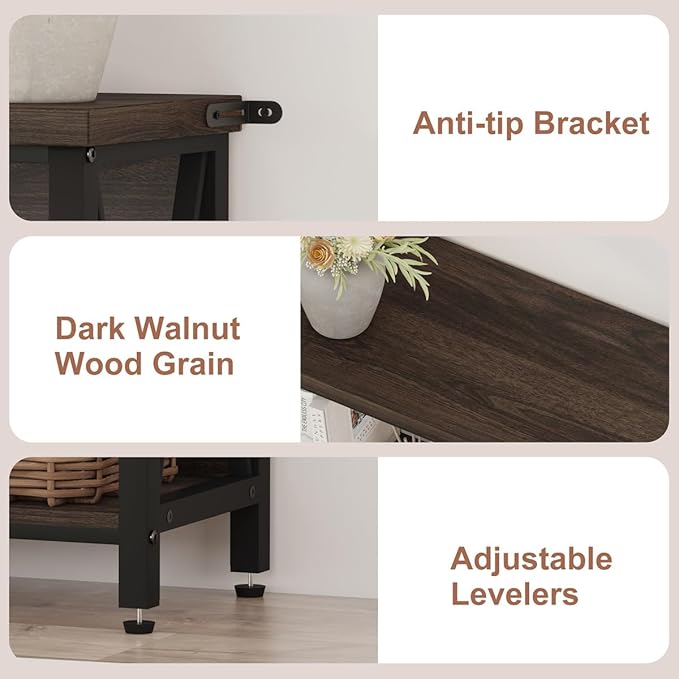 FATORRI Small Bookshelf, 3 Shelf Bookcase for Living Room, Low Short Bookshelf, Industrial Wood Book Shelf and Rustic Book Case for Small Space, Home Office (Dark Walnut)