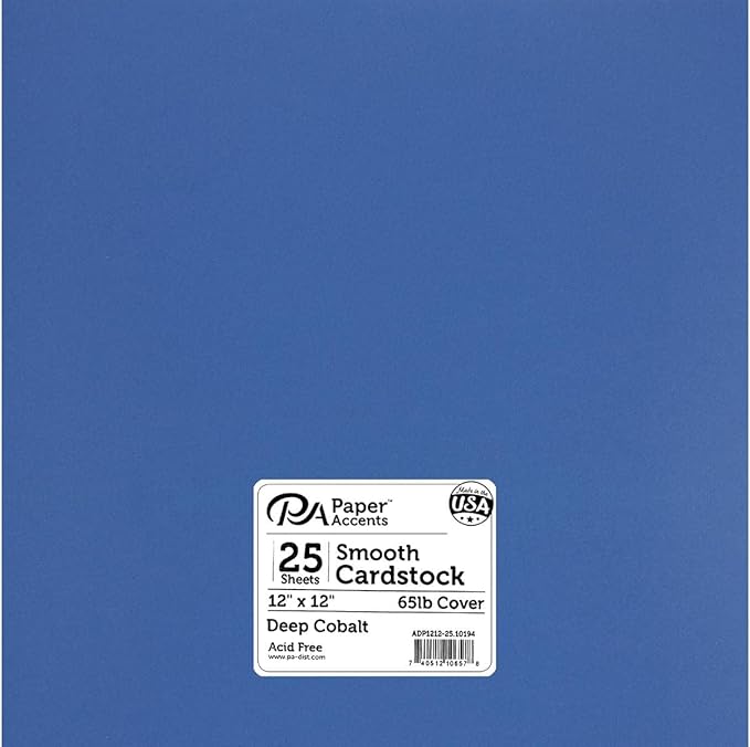 PA Paper Accents Smooth Cardstock 12" x 12" Deep Cobalt, 65lb colored cardstock paper for card making, scrapbooking, printing, quilling and crafts, 25 piece pack