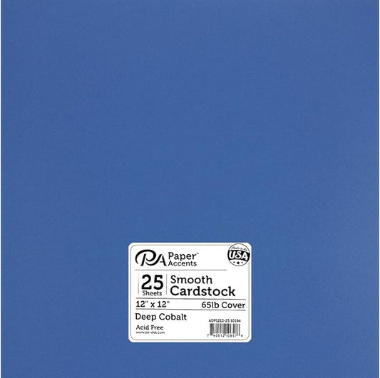 PA Paper Accents Smooth Cardstock 12" x 12" Deep Cobalt, 65lb colored cardstock paper for card making, scrapbooking, printing, quilling and crafts, 25 piece pack