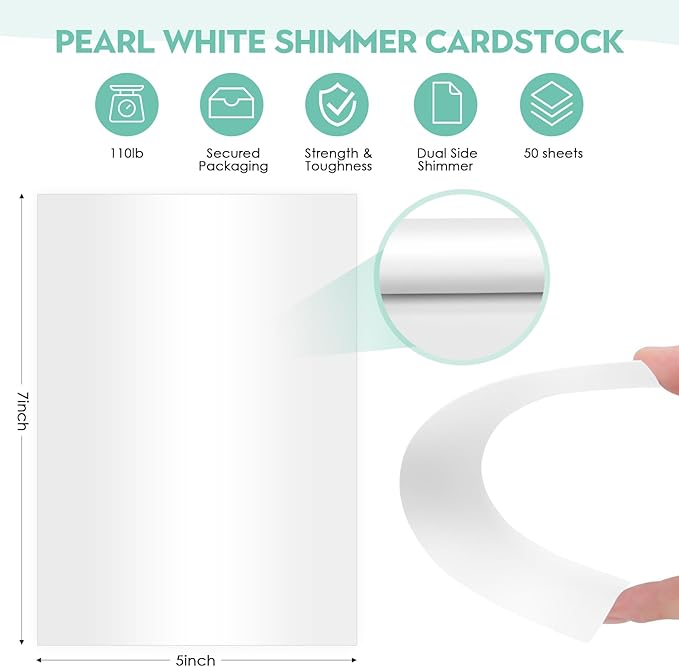 5X7 Metallic White Shimmer Card Stock Printer Paper 100 lb 50 Pack Blank Pearlescent Index Cards Flat 300 gsm for Invitations, Postcard,Photo Paper,Card Making